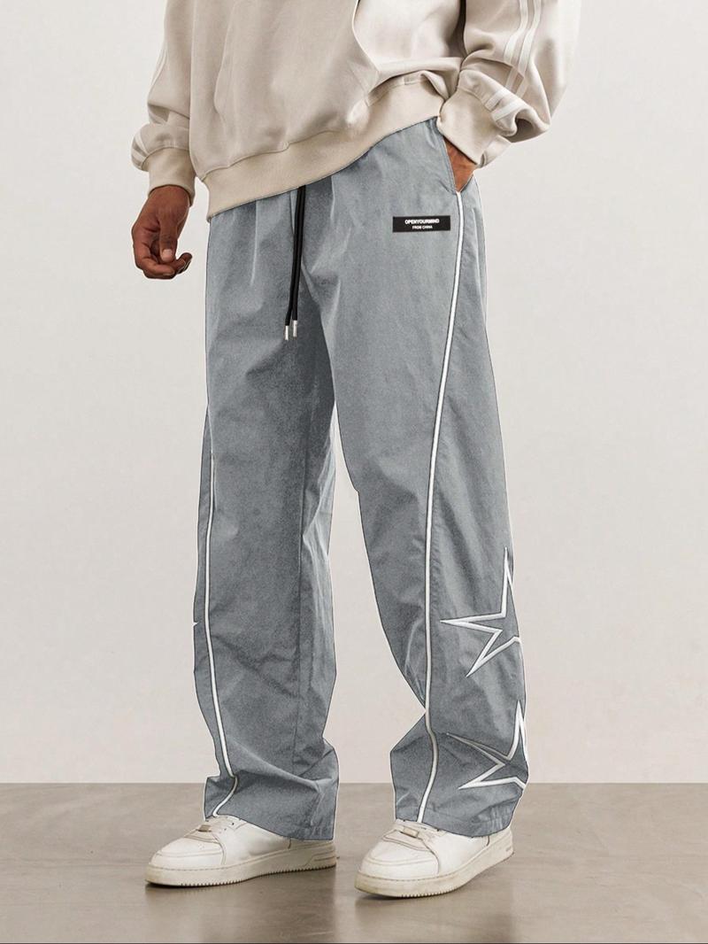 Product Introduction of Men's Loose Star Print Drawstring Waist Wide Leg Pants, Casual Pocket Trousers for Daily Wear, Woven Bottoms for All Seasons, Striped Trousers 17