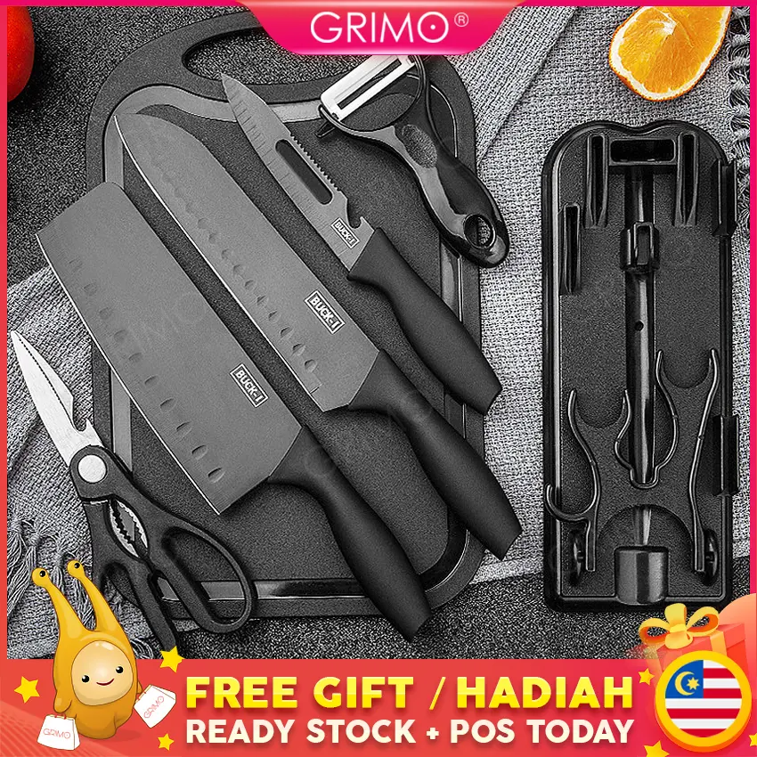 READY STOCK GRIMO JType 7in1 Black Knife Set Kitchen Knives Utensils Cutter Pisau Viral Set Dapur Pisau Gunting hl11583
