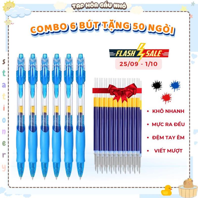 Combo 6 bút gel GP-1008+ 50 ngòi refill mực xanh, đỏ, đen, bút bấm có đệm tay mềm, viết mượt khô nhanh thích hợp văn phòng phẩm, học sinh sử dụng [taphoagaunho]
