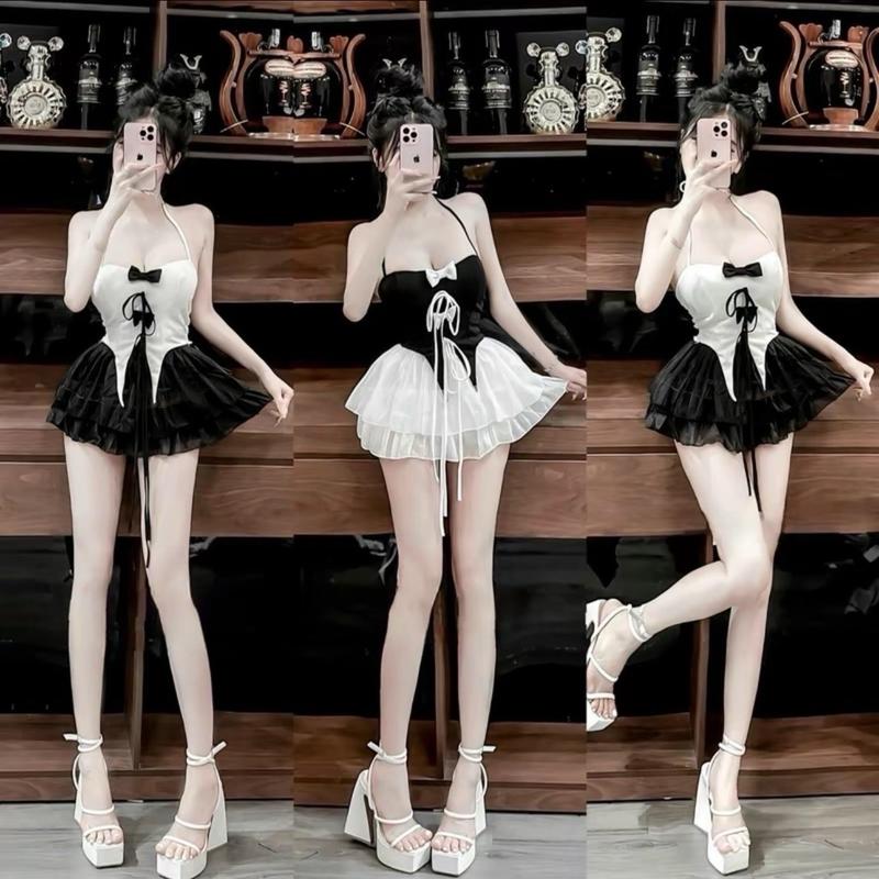 Set Áo Yếm Cột Dây 3 Nơ + Cvay Voan Tầng (có mút) Nữ xinh xinh - DinhLanAnhStore