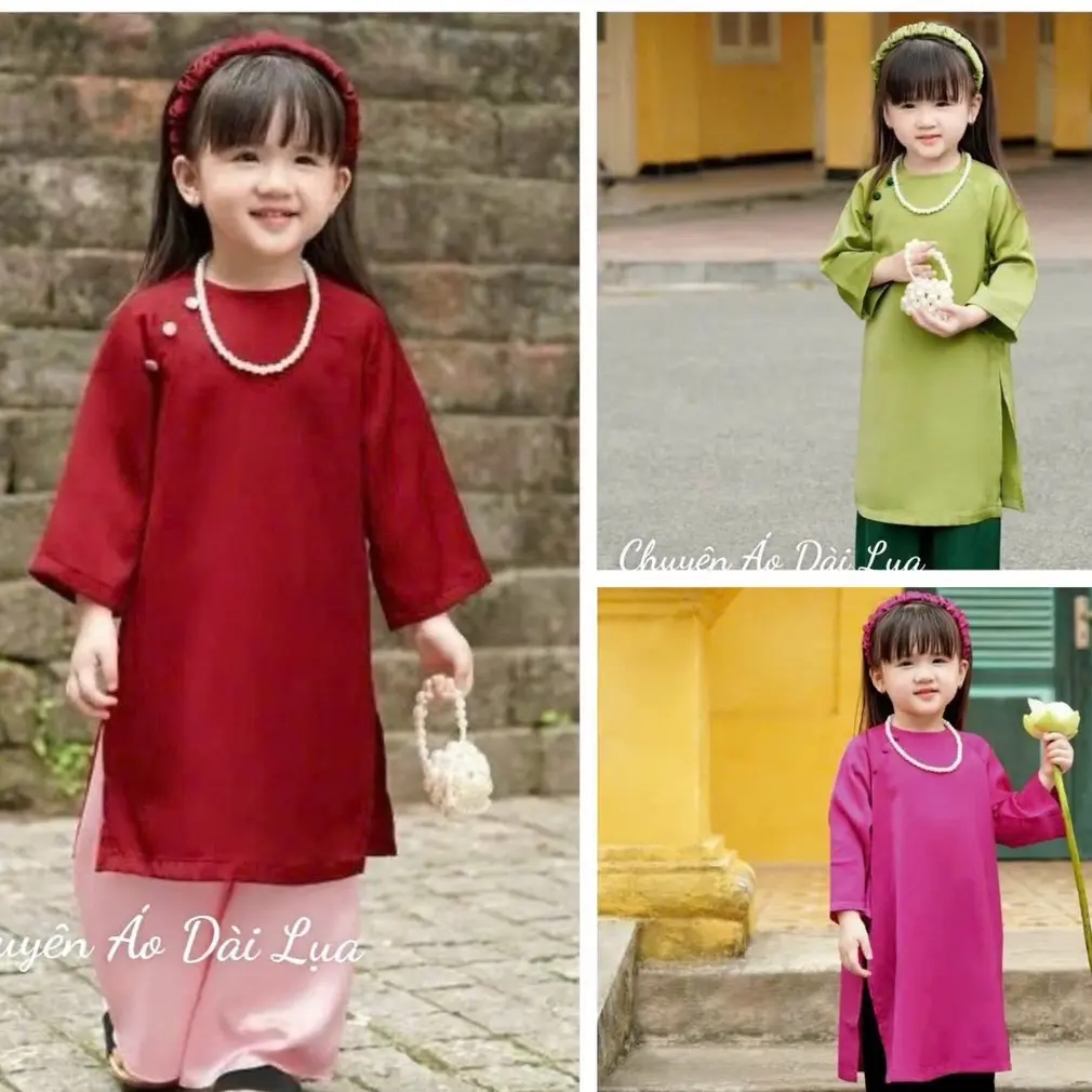 Set áo dài tết đính khuy cho mẹ và bé, set áo dài cách tân cho mẹ và bé tặng bờm cho bé