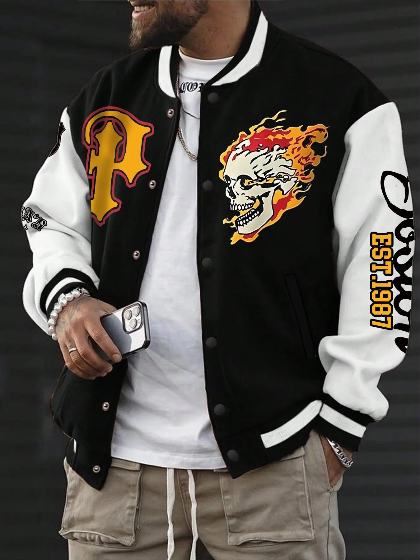 【Plus Size】 Men's Skull & Fire Print Varsity Jacket, Casual Comfy Baseball Collar Long Sleeve Outerwear for Daily Wear, Men's Clothes for Fall & Winter
