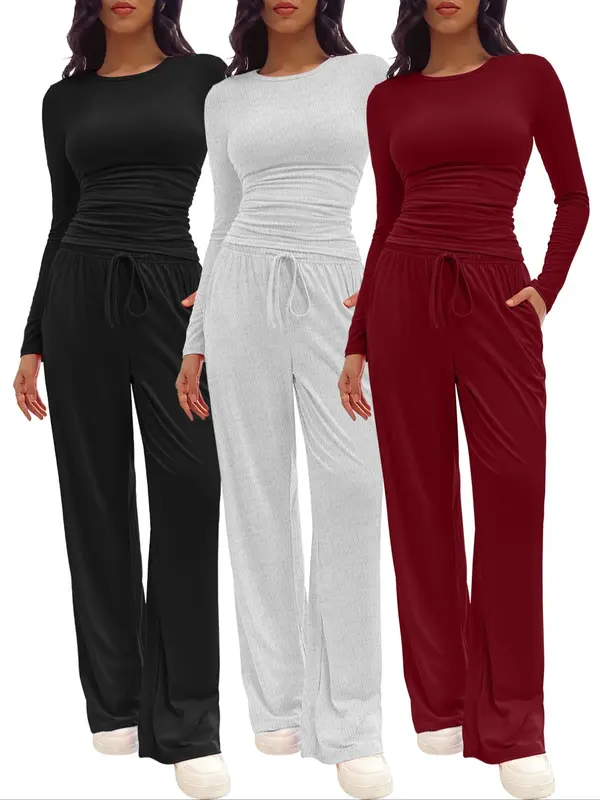 Two-piece Set Women's Solid Ruched Tee & Drawstring Pocket Pants Lounge Set, Casual Long Sleeve T-shirt & Elastic Waist Trousers, Pyjamas for Women, Ladies Sleepwear for All Seasons,  Lounge Tracksuit Women 1