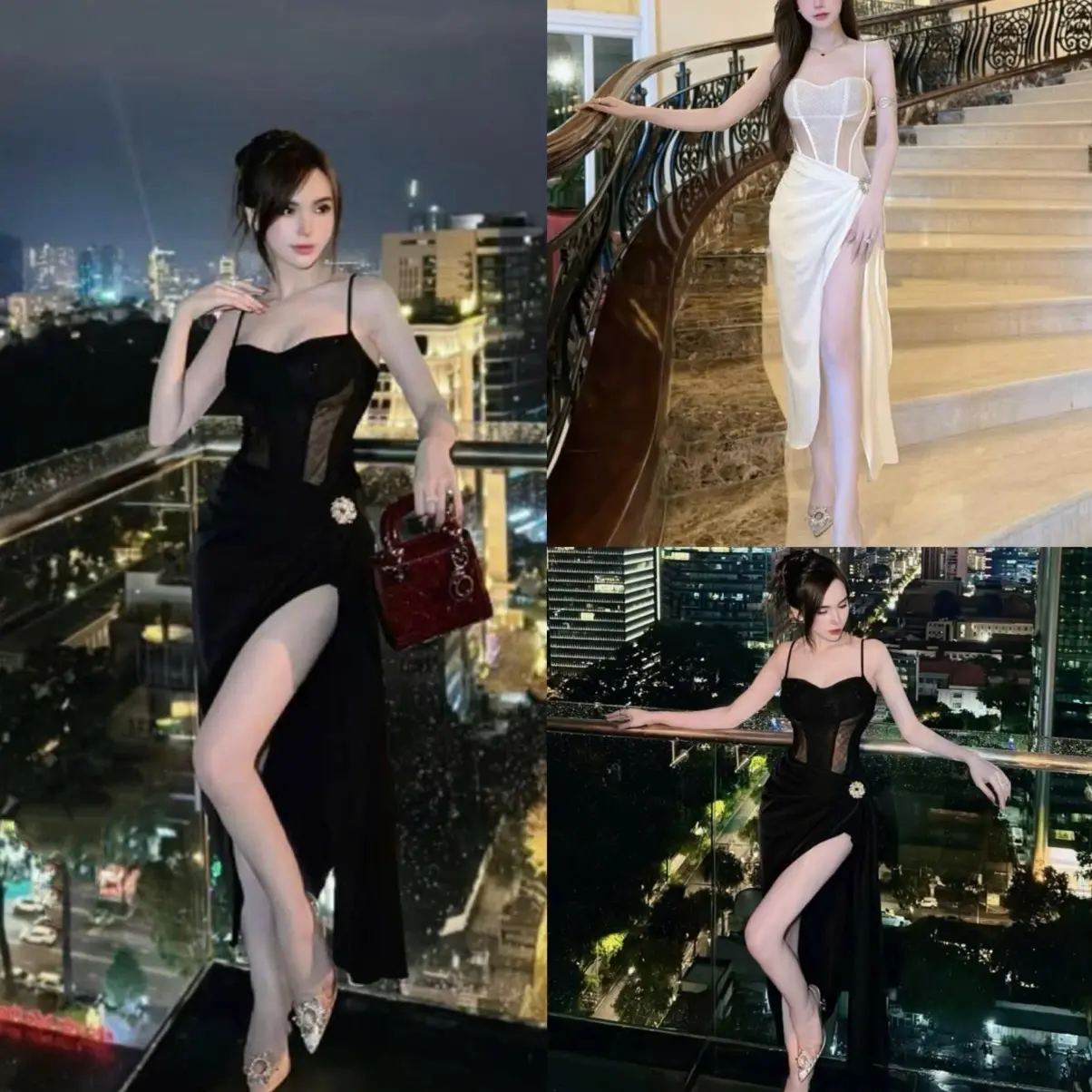 Đầm kim sa phối lụa lưới eo xẻ đùi AL002287