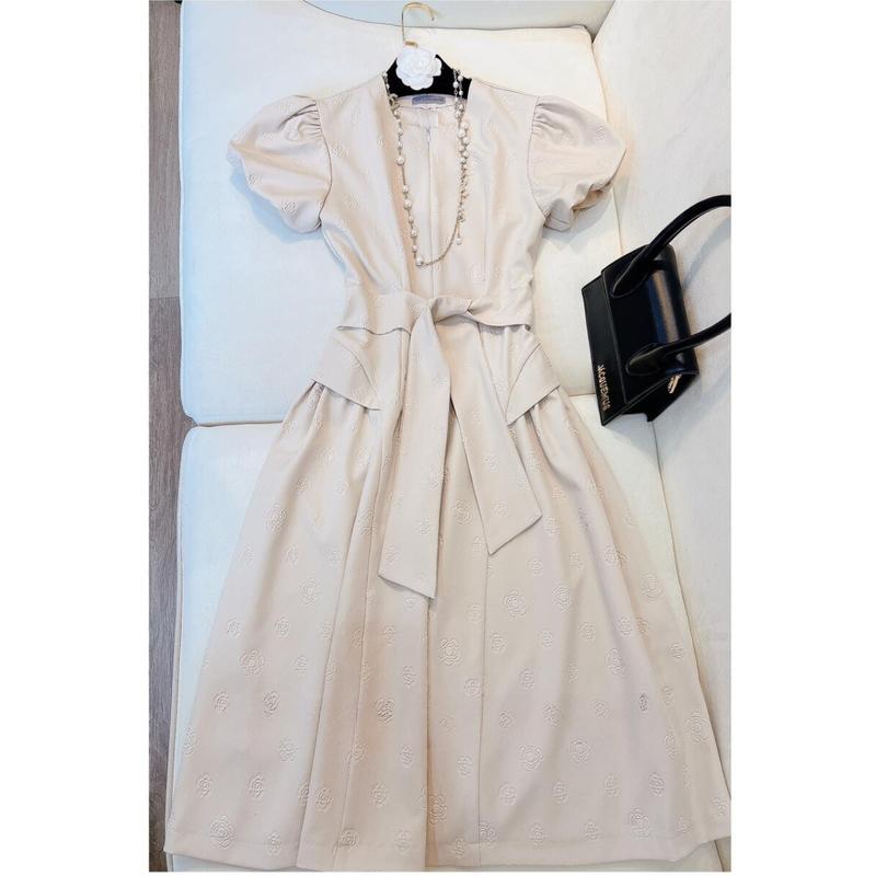  Váy đầm nữ dự tiệc thiết kế dáng dài ngắn tay vai phồng hai lớp chất man_go vân nổi cao cấp V265 Women Dress 