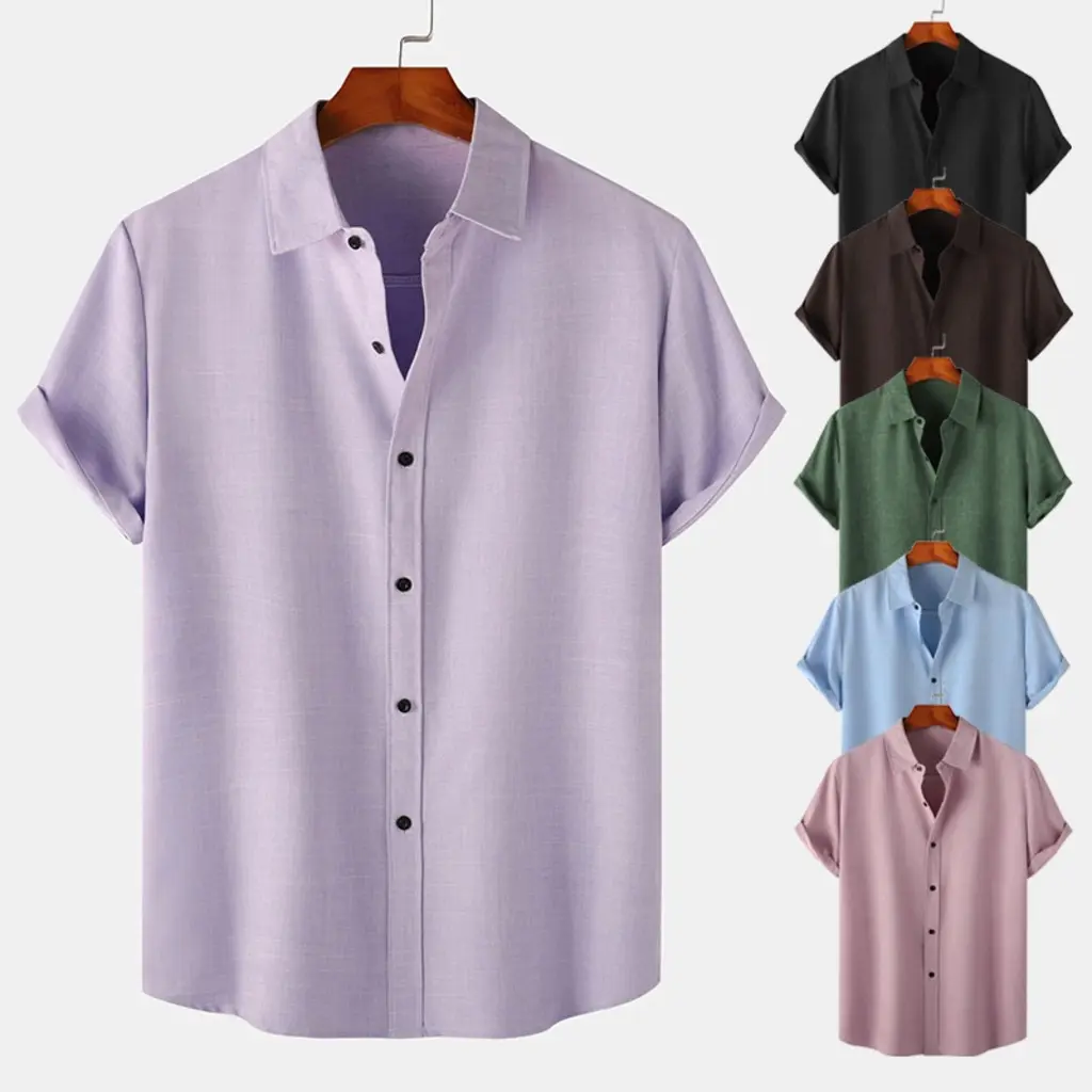 High Quality Men's Solid Color Cotton&en Soft Comforttable Lapel Button Loose Casual Plain Shirt Purple Pink Dark Green Coffee Light Blue Menswear Top Chinese Polyester