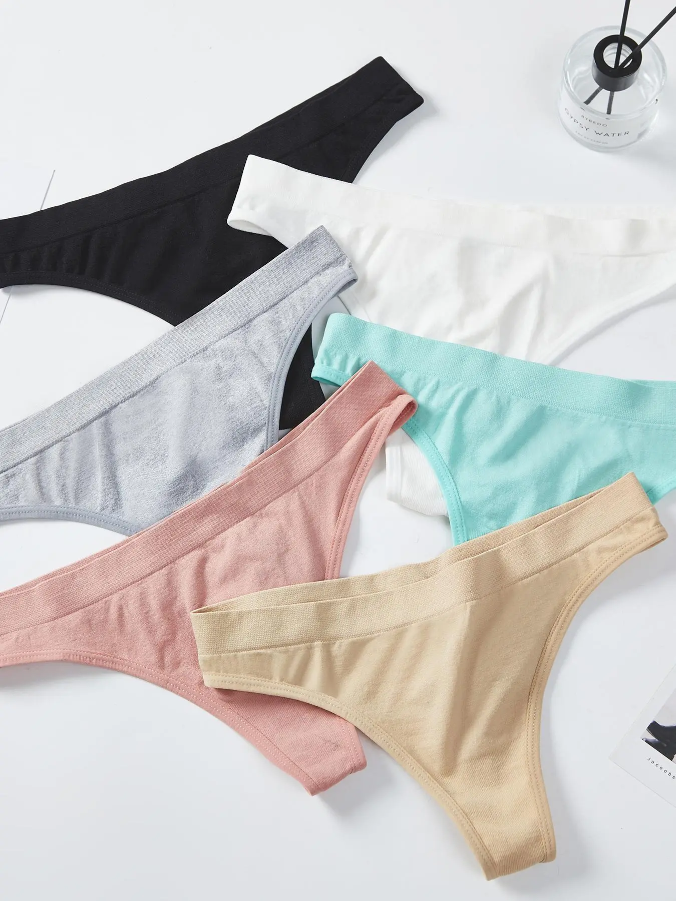 Women's 6pcs Solid Drop Waist Thong, Regular Fit Multicolor Simple Low Rise Panty Set for Daily Wear, Comfortable Women's Underwear Bottoms for All Seasons, Basic Minimalist Comfort Womenswear, Gifts for Her