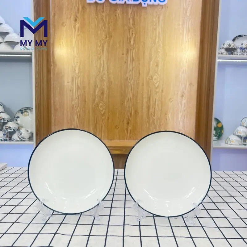 Bộ Bát Đĩa Trắng Sọc Viền Đen 21 Chi Tiết , 10 Đôi Đũa Khảm vàng Và 10 thìa sứ trắng 6