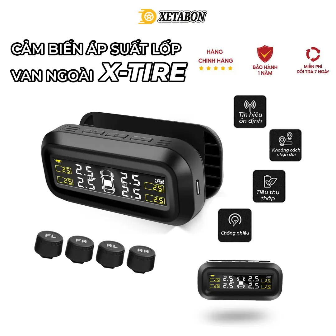 Cảm Biến Áp Suất Lốp Ô Tô Dán Kính Lái Van Ngoài XT1 XETABON, Năng Lượng Mặt Trời (Bảo hành 12 tháng lỗi đổi mới)