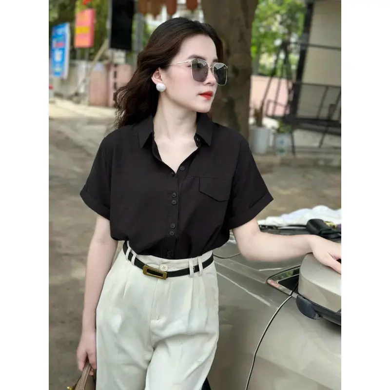 Áo Sơ Mi Cộc Tay Nữ,Chất Vải Đũi Tơ Mềm Mát Thấm Hút Mồ Hôi,kiểu Dáng Trẻ Trung Sang Trọng - V40. Women Top 5