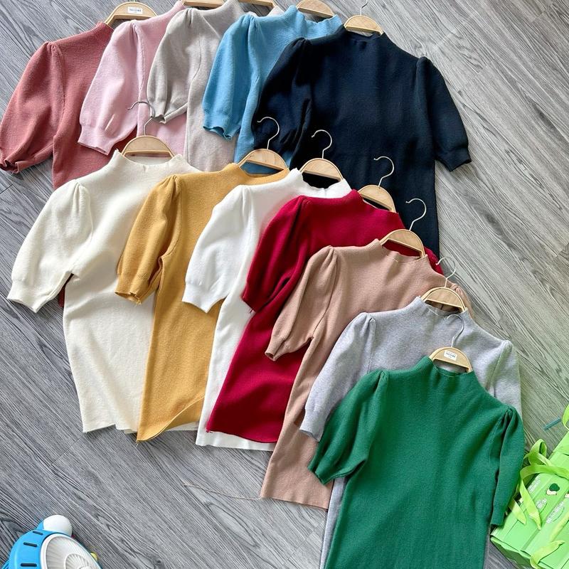 Áo len tay bồng nữ kiểu cổ lọ ngắn tay dáng ôm dệt kim lông thỏ siêu mềm mịn hàng Quảng Châu cao cấp trẻ trung