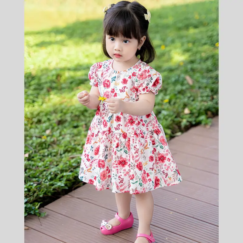 Váy bé gái chất thô cotton họa tiết hoa hồng xinh xắn 2