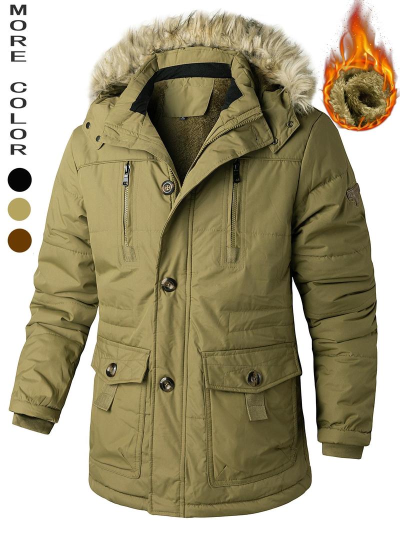 Product Introduction of Men's Flap Pockets Button Front Thermal Lined Hooded Coat, Slim Fit Casual Fuzzy Trim Zipper Warm Coat, Men Winter Coats, Men's Outerwear for Daily Wear 4