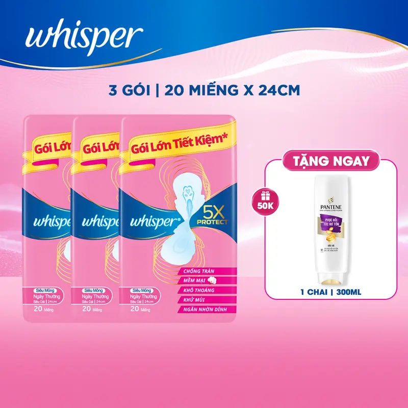 Mua 60 miếng Băng Vệ Sinh Whisper 5X mặt bông mềm mại và chống tràn tuyệt đối 24cm tặng 01 tuýp xả Pantene 3MM 1