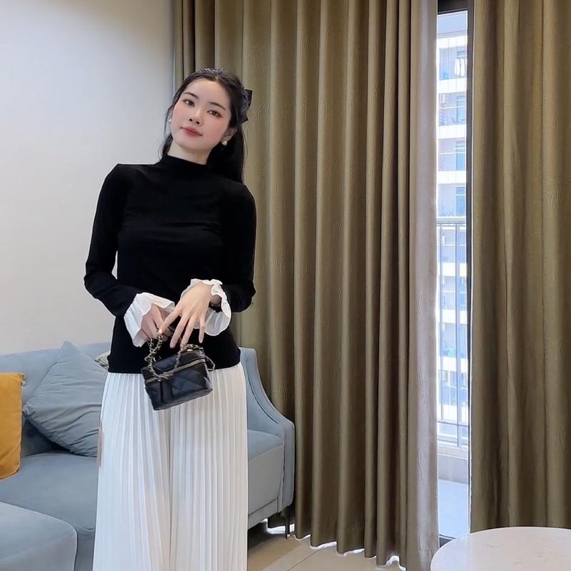 Áo Thun Cổ Lọ Tay Voan Phong Cách Tỷ Tỷ Douyin