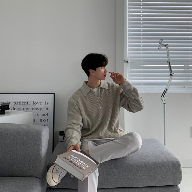 Áo Len Có Polo Nửa Khoá Kéo Form Rộng Phong Cách Hàn Quốc Menswear Xám