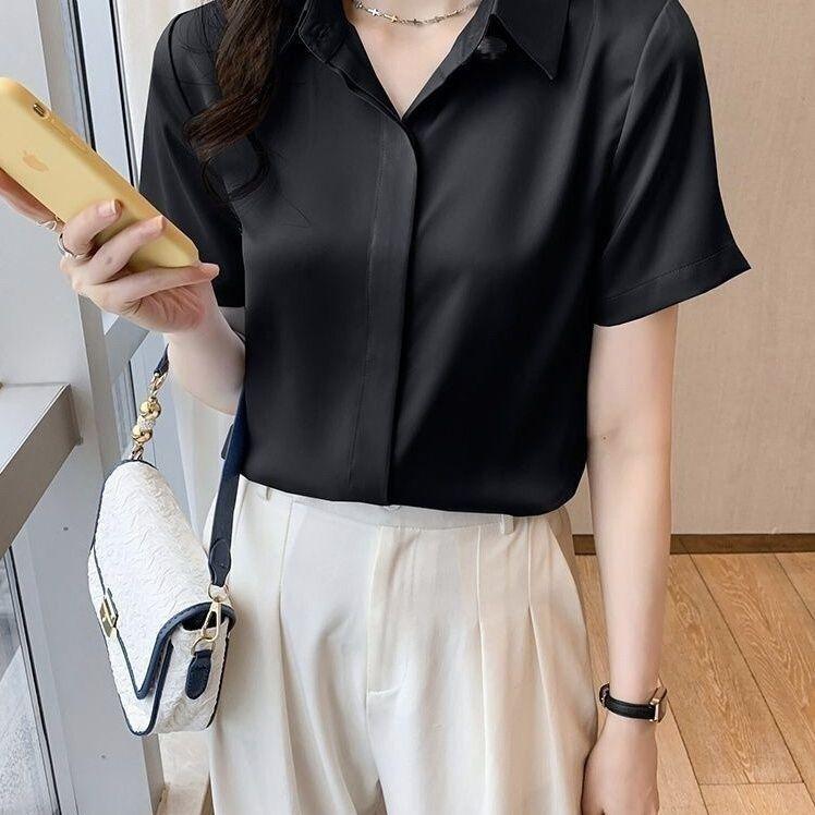 Áo Sơ Mi Voan ngắn Tay, Hàng Mới Về Mùa Hè, Mỏng, Màu Đen, Dành Cho Phụ Nữ, Thiết Kế Đẹp, Áo Thích Hợp, Trang Phục Công Sở, Áo Sơ Mi Trắng, Trang Phục Trang Trọng 0