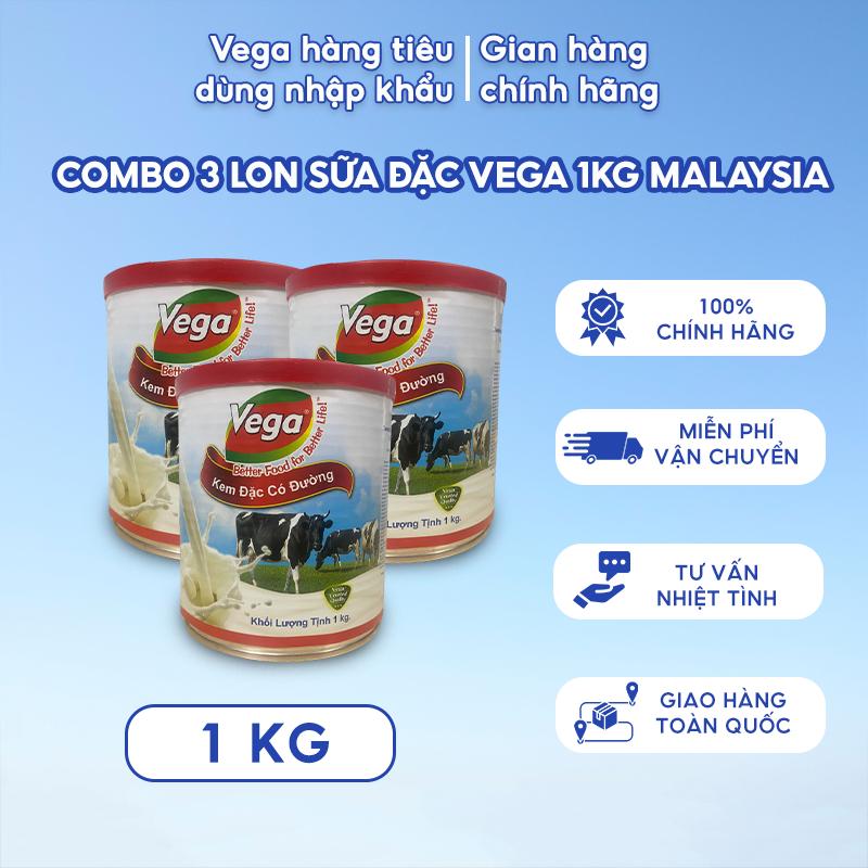 [Combo 3 Lon] VEGA Kem đặc 1Kg - Malaysia chính hãng, Nguyên liệu làm bánh flan, pha cà phê, sinh tố, sữa lỏng sữa scaramouche, Vị Ngọt dịu nhẹ, thơm béo moi condensed milk