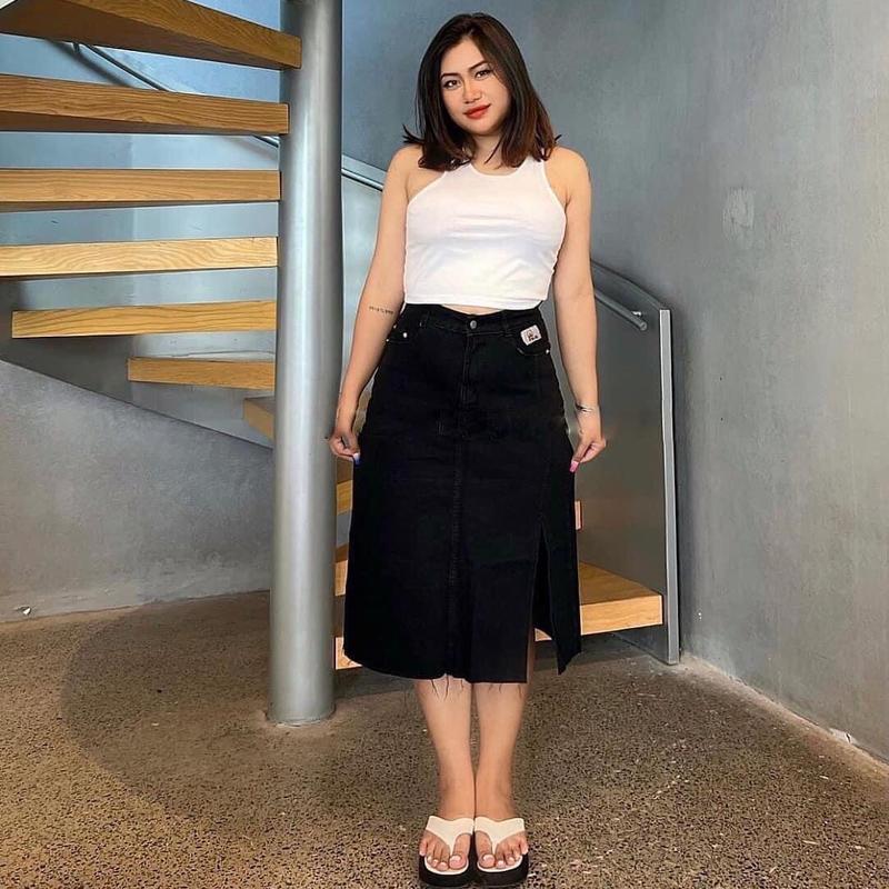 Chân váy jean dài xẻ 55-87kg BIGSIZE/ chất không giãn . Nữ Quần