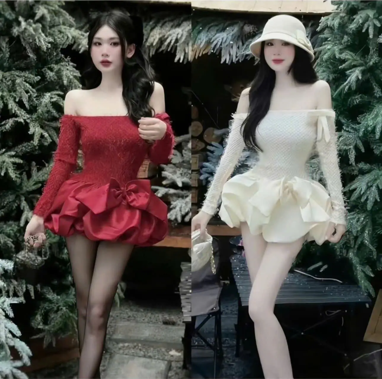 Đầm váy nữ bẹt vai dài tay đính nơ from dáng bí xòe bồng kèm quần yêu kiều sang chảnh đầy cuốn hút cho nàng diện đi tiệc