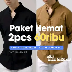 PAKET 2 PCS KEMEJA POLOS PRIA LENGAN PANJANG BEBAS PILIH WARNA SENDIRI M L XL XXL XXXL 3XL Katun Santai Polos Hitam Polos Putih casual