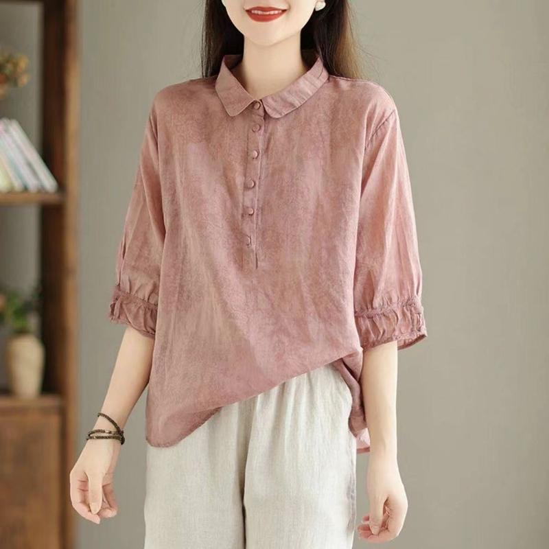 Product Introduction of Áo Sơ Mi Jacquard Lapel, Cao Cấp Nữ Mới, Sành Điệu Và Cổ Điển, Áo Sơ Mi Nữ Tay Lửng Bó Sát Che Phủ, Áo Cánh Mỏng, Phong Cách HK 5