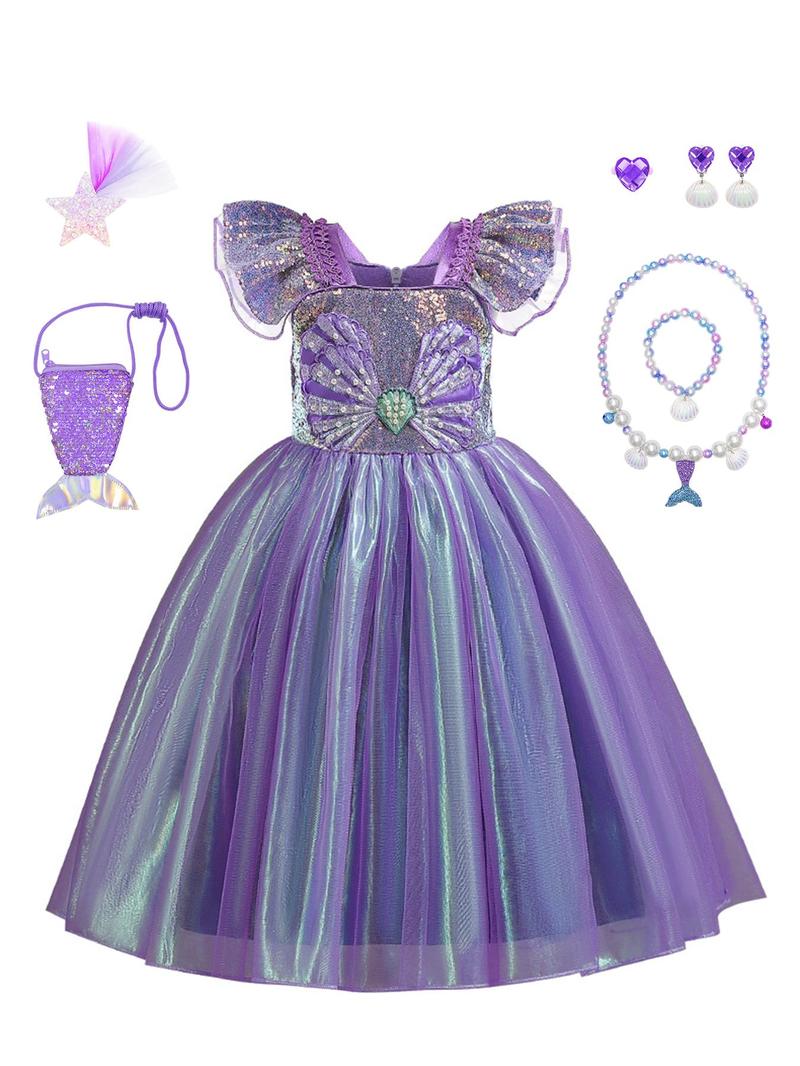 Product Introduction of Girl's Contrast Sequin Faux Pearls Decor Butterfly Sleeve Zipper Back Costume Dress with Necklace & Bracelet & Earrings & Ring & Bag & Hairpin, Fancy Mermaid Costume Dress with Accessories Costume for Party Show, Kids Birthday Party Clothes 8