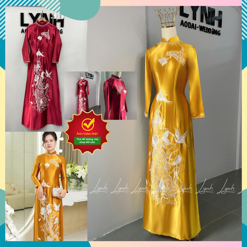  Áo Dài Mẹ sui Lụa Pháp ĐỎ rượu vang và Mầu Vàng họa tiết thêu Kết Ngọc bằng tay - Áo Dài Lynh 