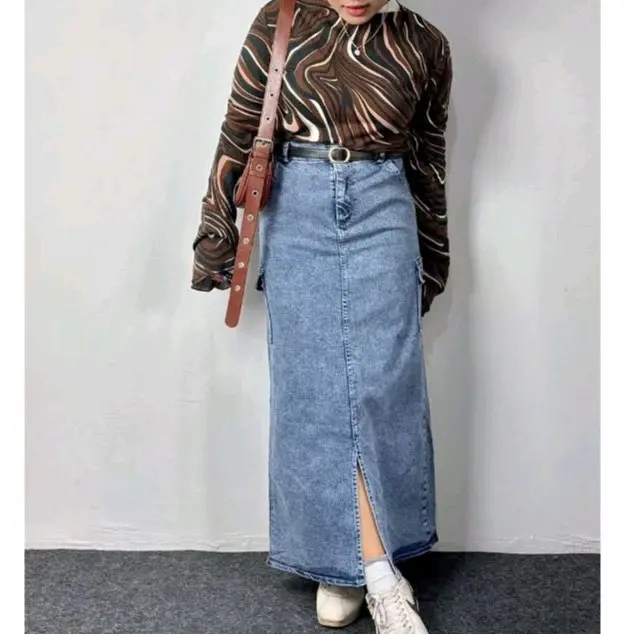 Rok Jeans Wanita Cargo Denim Karet | Rok Cargo Jeans Belah depan Korean Style 7