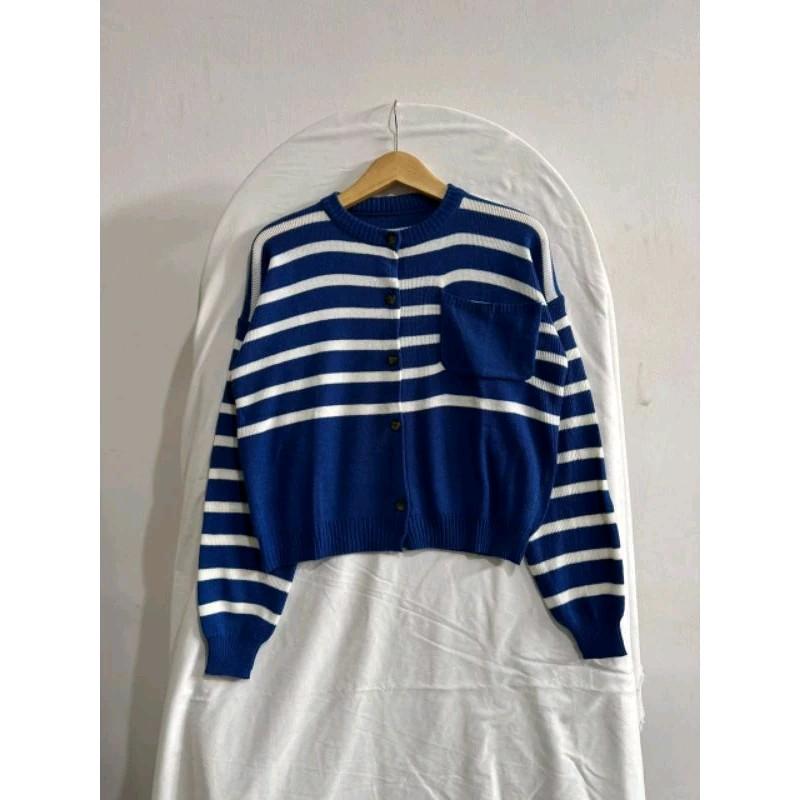 Cardigan Rajut Wanita Flora Full Kancing Motif Salur Setrip Blaster Baju Atasan Garis Kerah Nyaman Knitwear Panjang 1