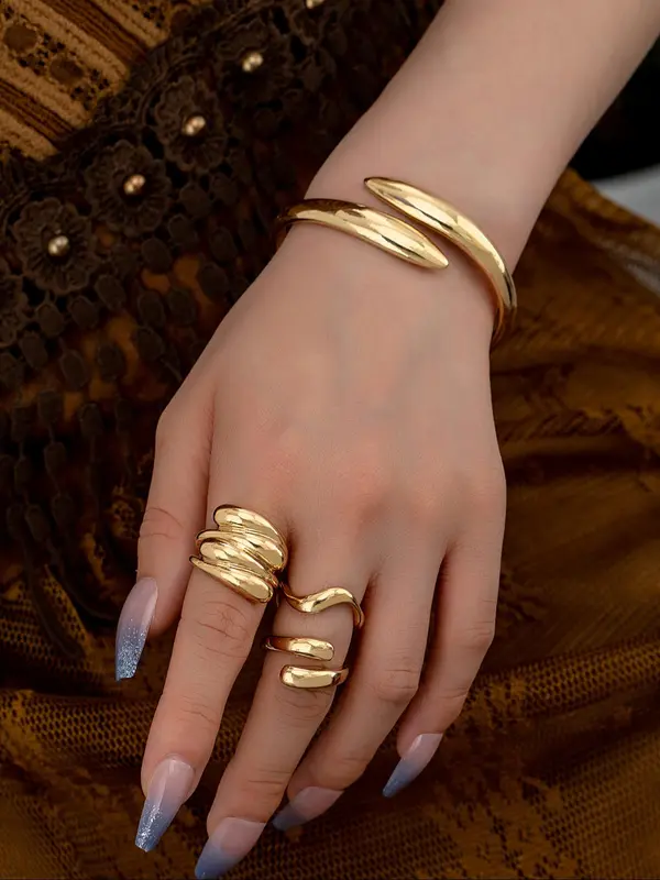 Fashionable Boho Style Cuff Bangle & Cuff Rings, New Trend Elegant Hand Jewelry Set, Trendy & Exquisite Hand Jewelry for Women 0