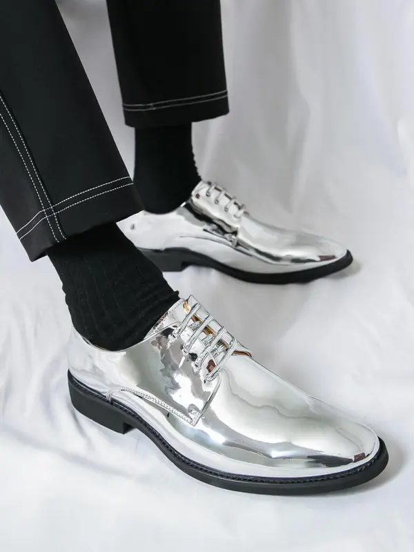 Men's Fashionable Glossy PU Leather Dress Shoes, Stylish Brogue Design Shoes for Party, Daily Clothing Decor for Men, Footwear 5