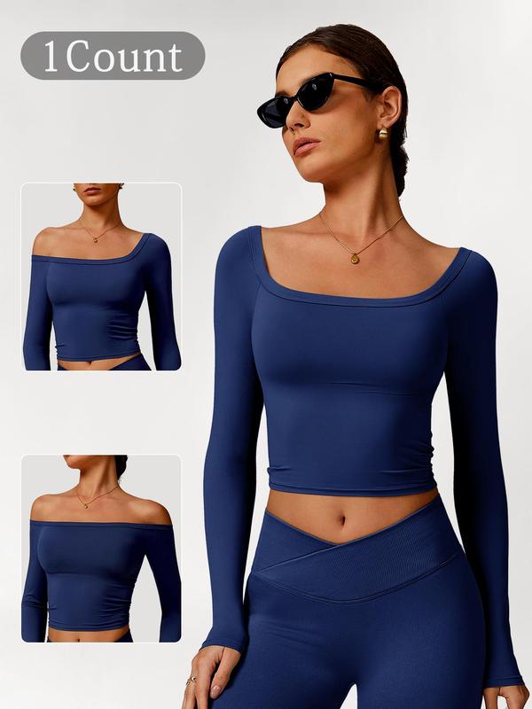 Women's Solid Color Sports Tee, Tight Fit Casual Active Long Sleeve Top for Yoga Gym Workout, Ladies Active Exercise Sportswear Fitness for All Seasons 8