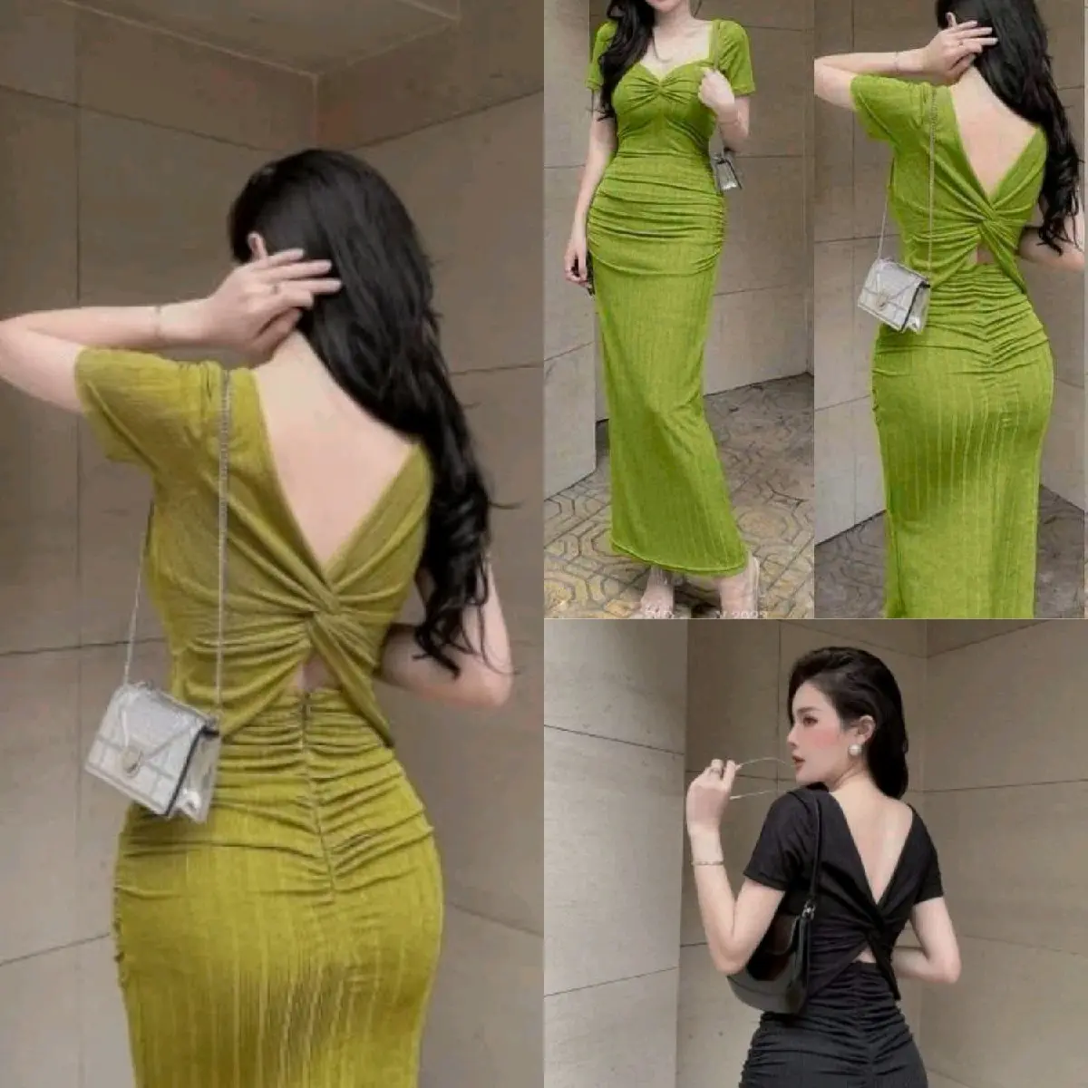 Đầm Tay Ngắn Cổ Vuông Nhún Xoắn Nơ Lưng - Có Mút - Dáng Dài Maxi Ôm Body - đầm ôm body váy dự tiệc váy xinh đầm nữ Women Dress Thun váy  tiệc