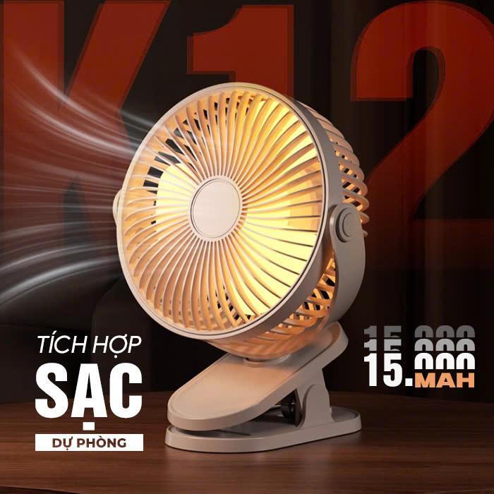 BH 3 THÁNG Quạt Tích Điện Mini K12 Quạt Kẹp Bàn Kèm Đèn Ngủ