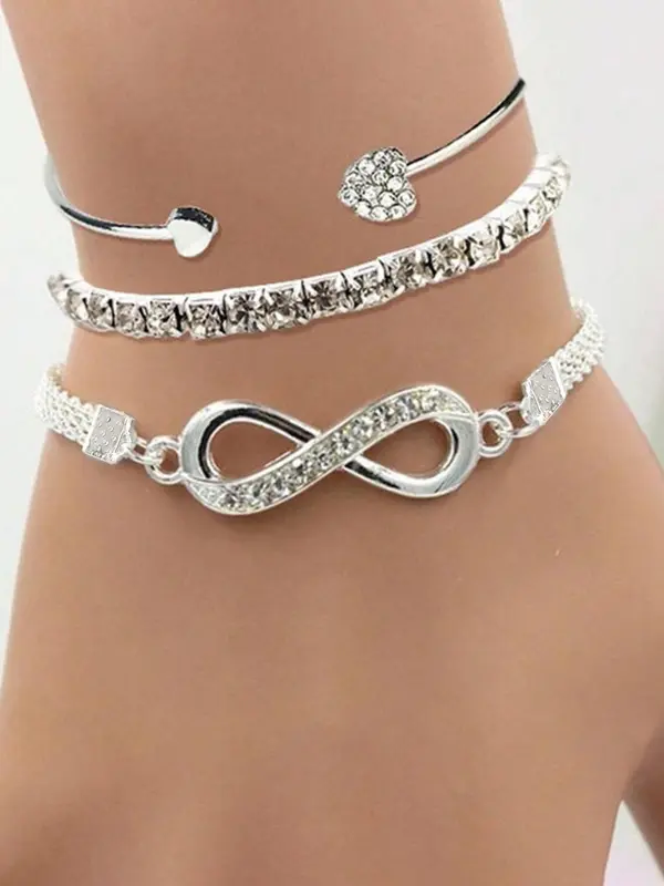 3pcs/set Women's Minimalist Elegant Rhinestone Decorated Heart Design Bracelets Bangle, Fashion Accessories for Party, All-match Fashion Jewelry for Daily Wear, Girls Birthday Gift, Valentine's Day, Gift, Bracelets Stack 0