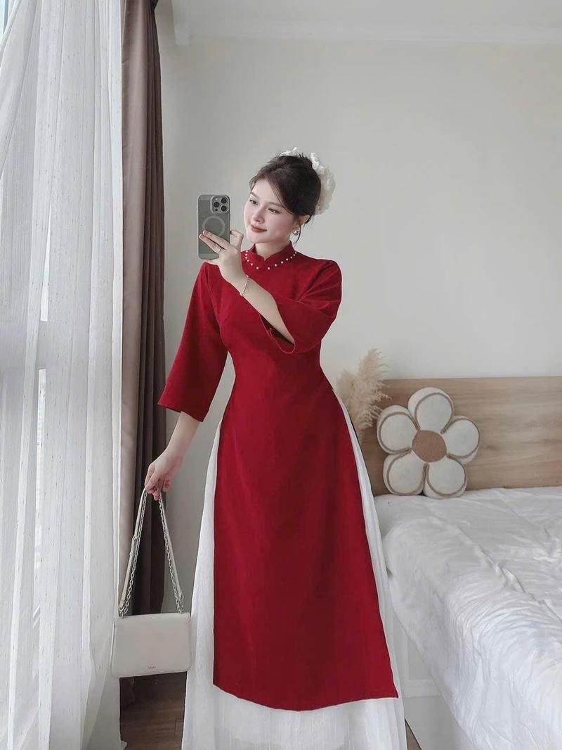Product Introduction of Sét đồ nữ áo dài nhung cổ tàu đính ngọc tay lửng kèm chân váy voan tơ trẻ trung thanh lịch Women Dress 6