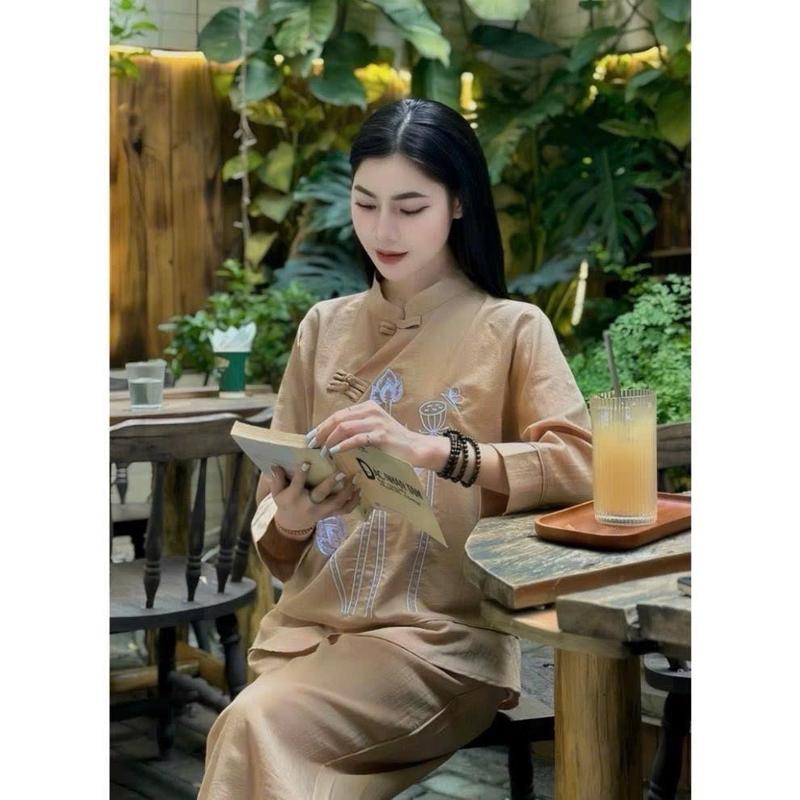 M175-Bộ lam cổ tàu thêu hoa sen quần có túi chất vải đũi Nữ - Women 5