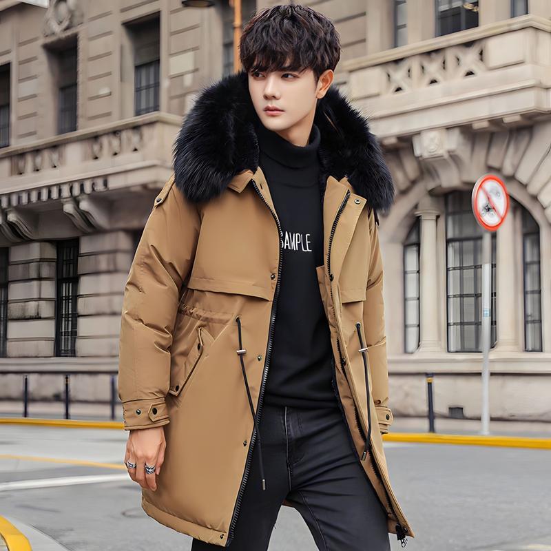 Áo khoác nam dáng dài lót lông, áo phao parka nam đại hàn mũ lông phong cách hàn quốc AP05 Menswear Dài Tay Nhung Nâu 3