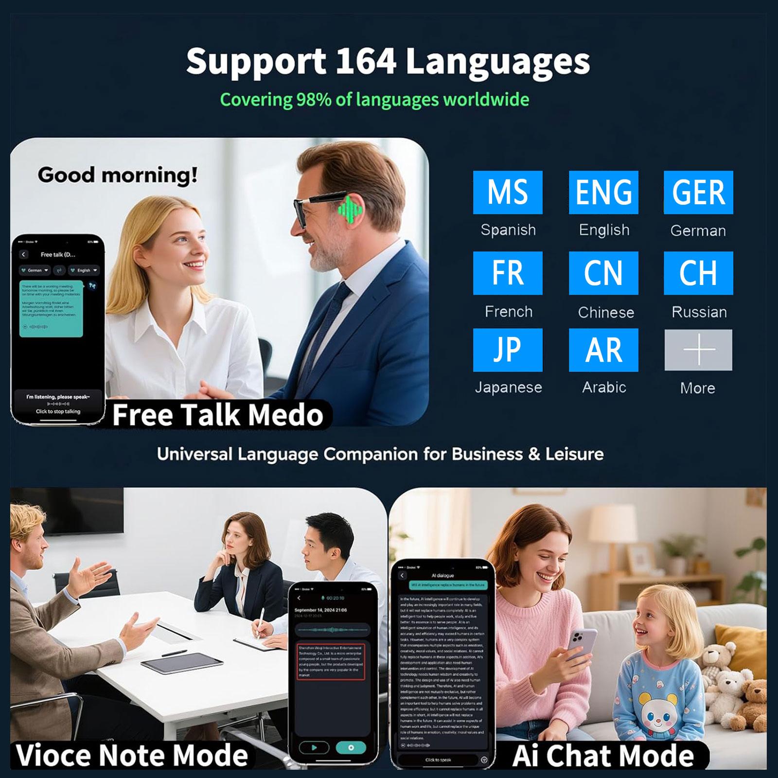 Smart AI translation audio glasses, real-time app translation in over 160 languages, light-sensitive color-changing lenses - Image 3