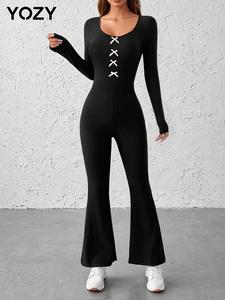 YOZY Women's Bow Decor Square Neck Flare Leg Jumpsuit, Casual Long Sleeve Bell Bottom Jumpsuit for Fall & Winter, Women's Clothes for Daily Wear