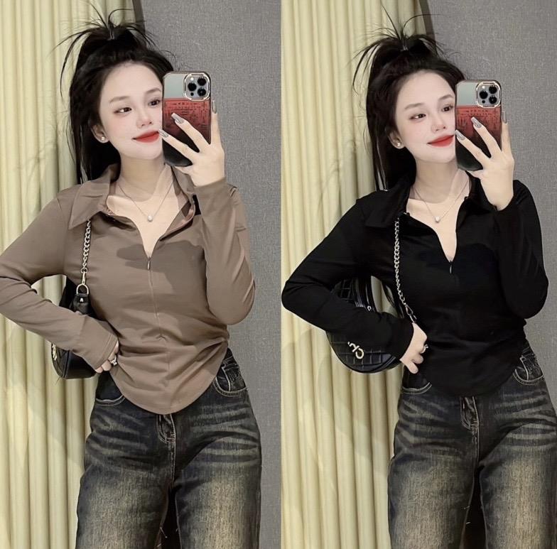 Product Introduction of Áo thun tay dài nữ cổ bẻ phối khoá kéo dáng ôm sát body (Tay dài khoá kéo) Top Women 3