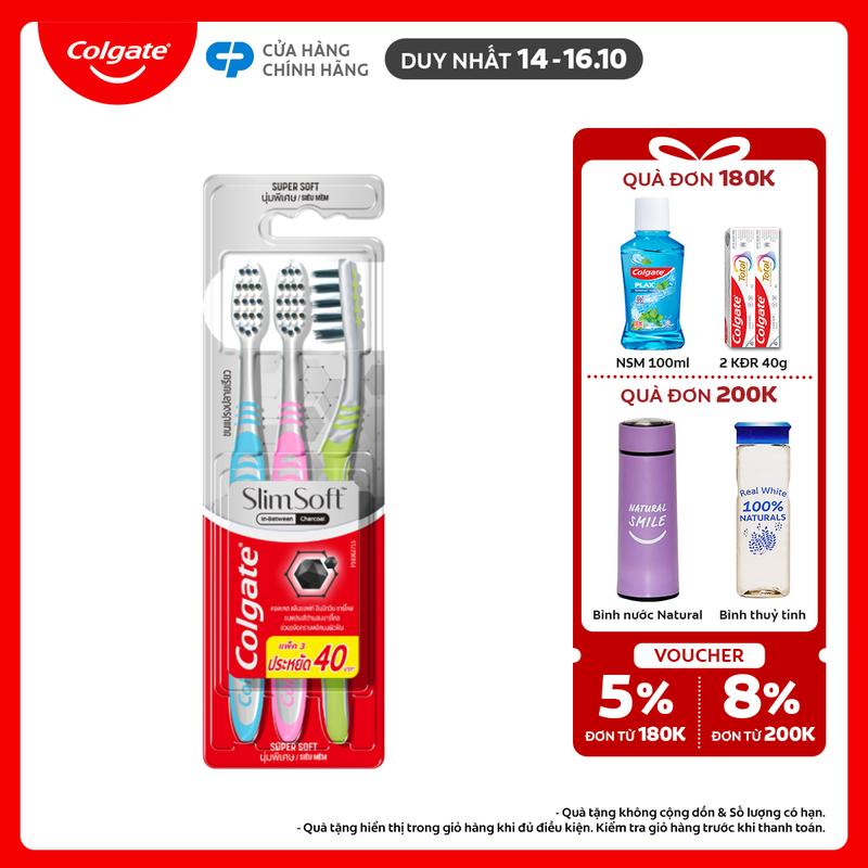 [Duy nhất 14-16.10] Bộ 3 Bàn chải Colgate Slimsoft lông chải mềm mảnh xen sợi phủ than hoạt tính