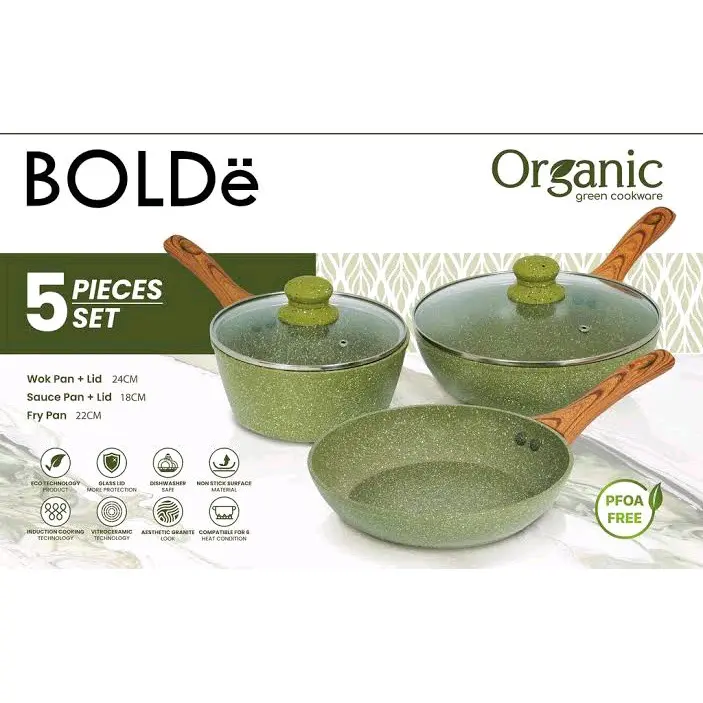 Bolde Organic - Green Pan 5 Pieces / Set - Wok Pan / Sauce Pan / Fry Pan