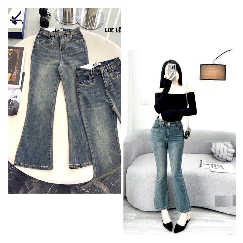 Quần jean loe 9 tấc túi vuông màu bụi  Nữ Pants Women Nhung Voi 1