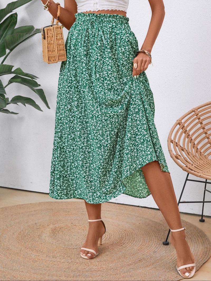 Product Introduction of Women's Plain/Ditsy Floral Print Skirt, Elegant Drawstring Waist Skirt for Holiday Vacation Daily Wear, Ladies Summer Clothes 3