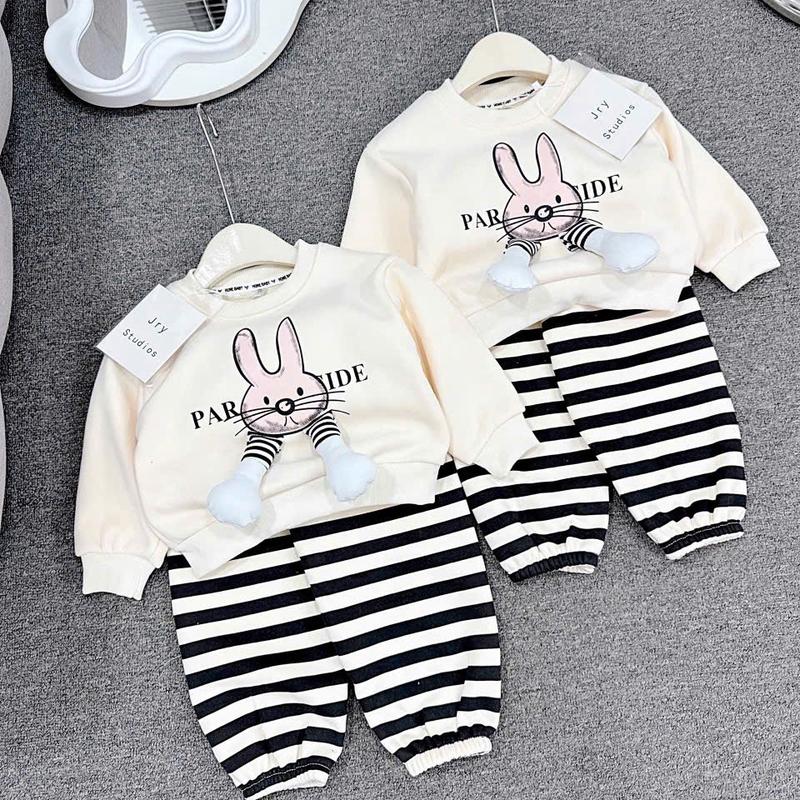 Bộ NỈ LÓT LÔNG NHUNG dày ấm, bộ quần áo dài tay thu đông, họa tiết thỏ cho bé gái size 6-16kg