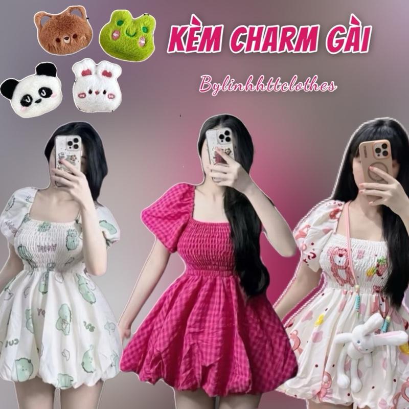KÈM CHARM- SET BỘ ÁO BABYDOLL TAY PHỒNG QUẦN PHỒNG CHUN FORM BÍ HOẠ TIẾT GẤU DÂU CARO BỘ ĐỒ DÁNG GIẤU QUẦN BỘ BBD TAY PHỒNG