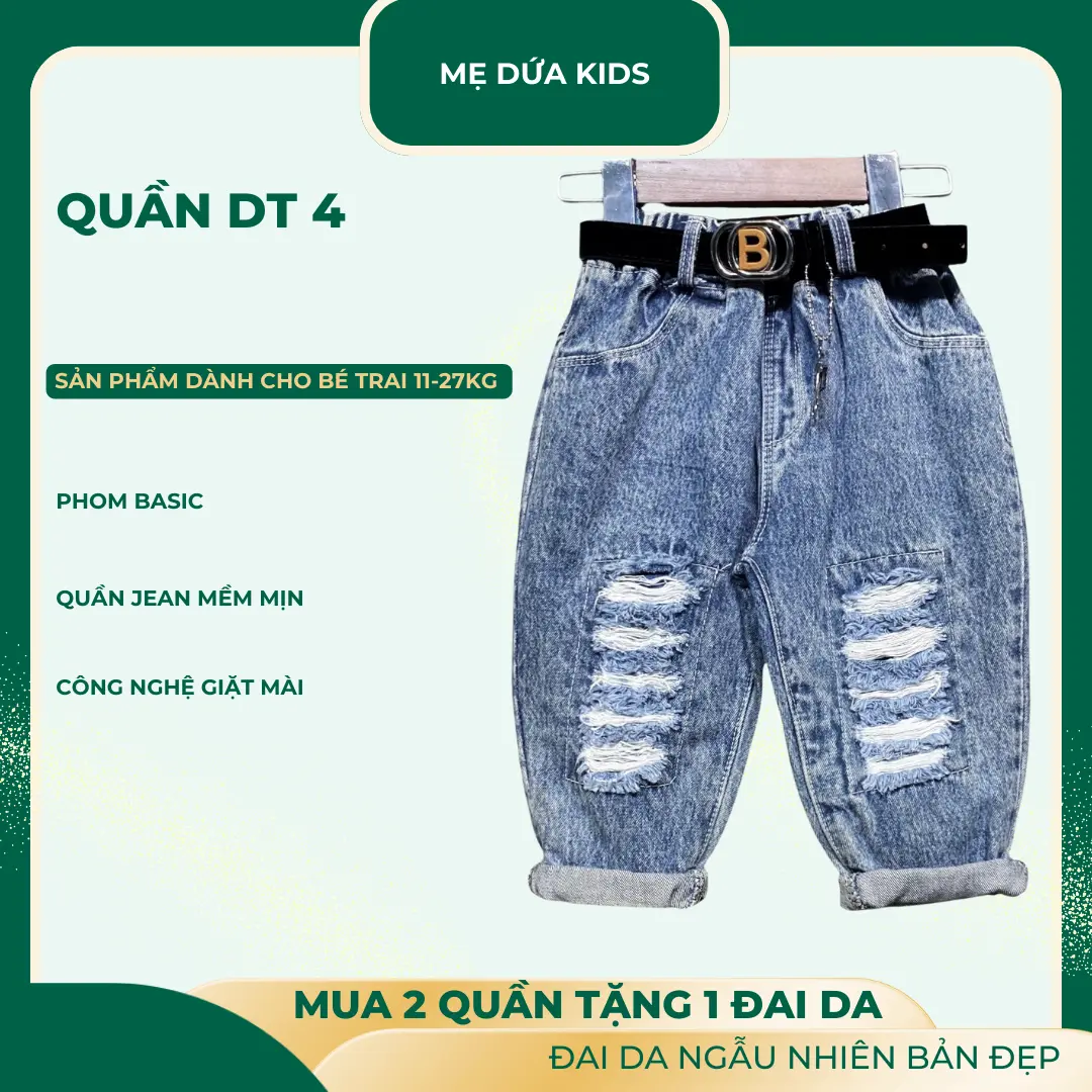 [2 QUẦN TẶNG 1 ĐAI] DT4 Quần jean mềm cho bé cực chất giặt máy thoải mái sz 8-26kg