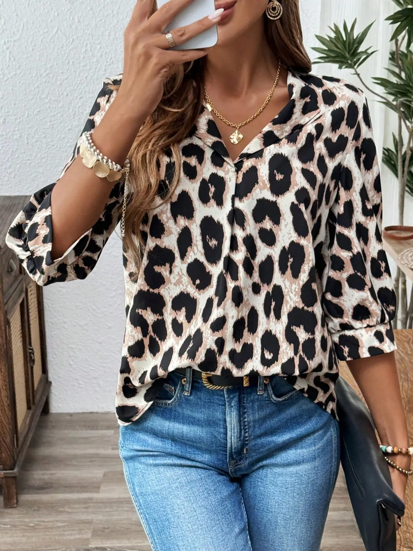Women's Leopard Print Lapel Neck Blouse, Casual 3/4 Sleeve Top for Business Office Work, Ladies Clothes for All Seasons